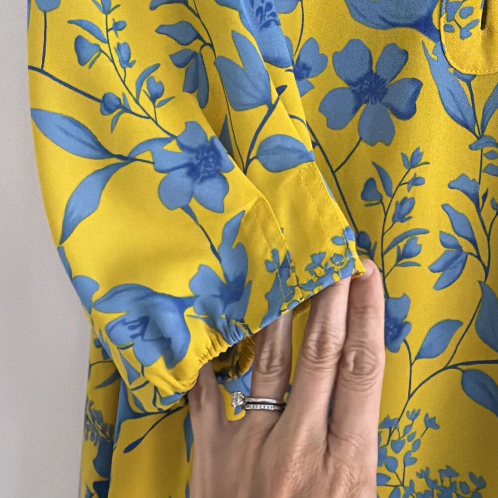 Cabi 5794 Lemon Drop Dress Size Large Yellow Blue Floral 3/4 Sleeves No Tie - Picture 4 of 7